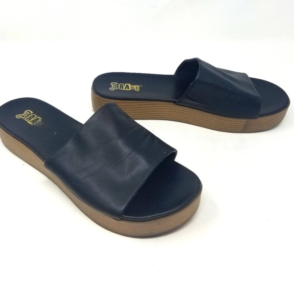 Brash Black Platform Slides Low Heel Sandals Slip On Comfortable Women's Size 9